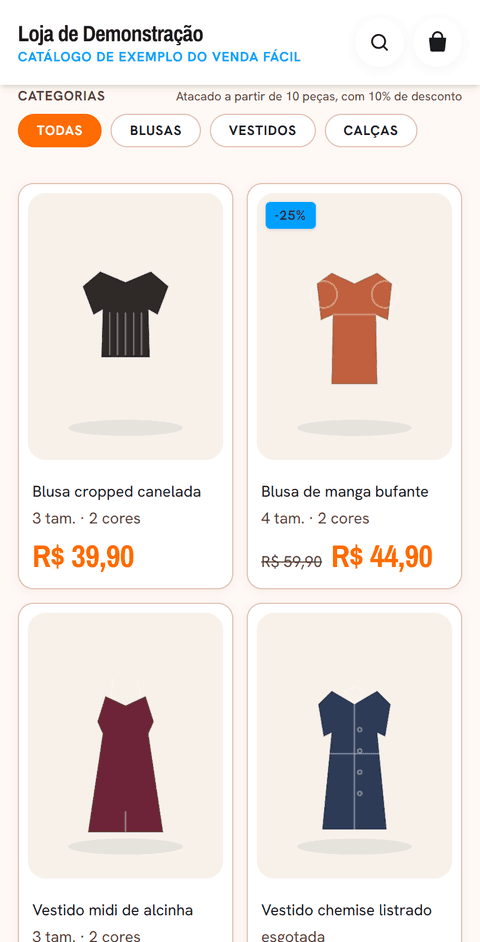 O catálogo como o cliente vê: as peças com foto, tamanho, cor e preço, e os filtros por categoria.